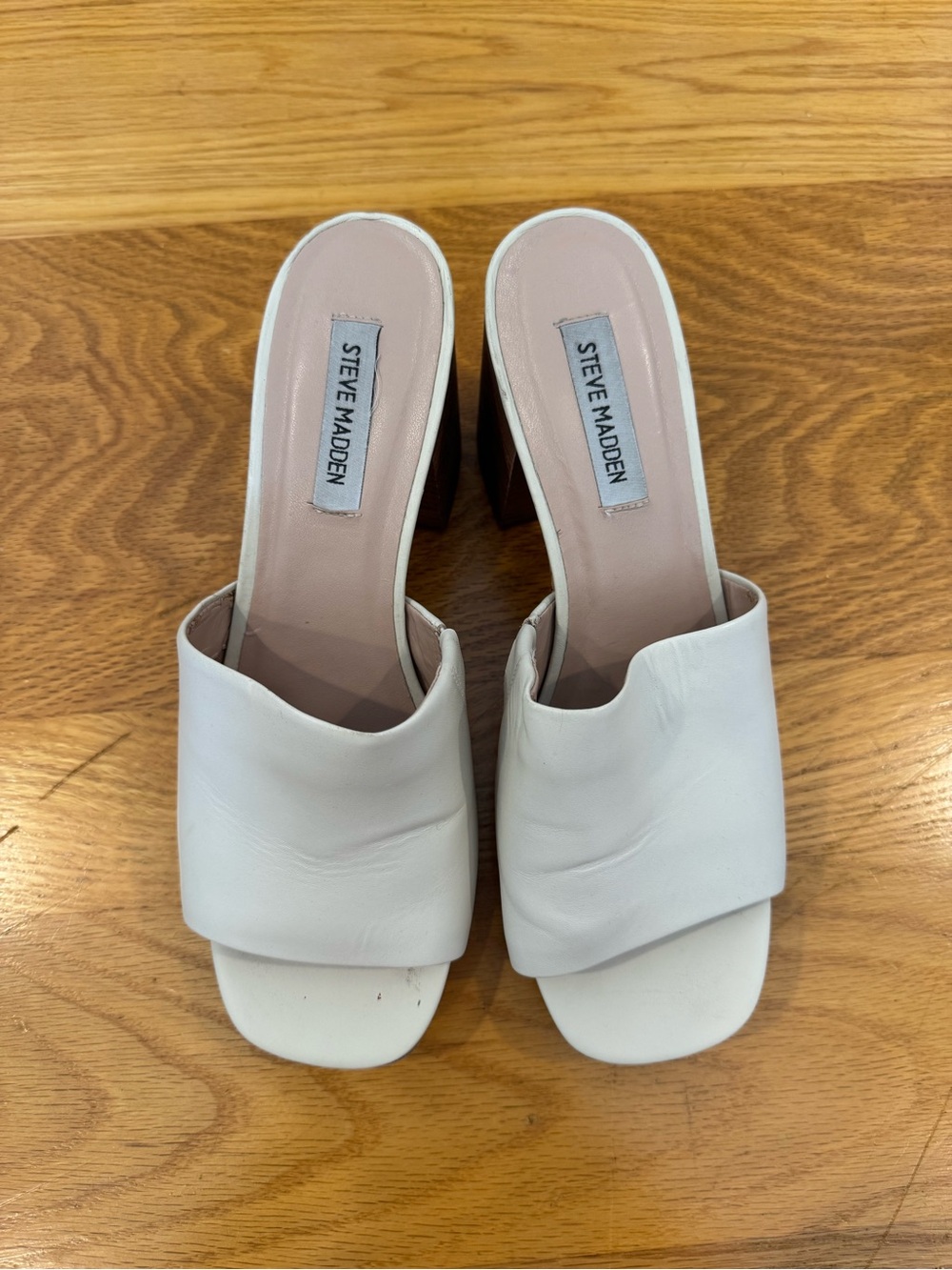 Steve Madden Women’s Cream Leather Slide Mule Clogs with Block Heel